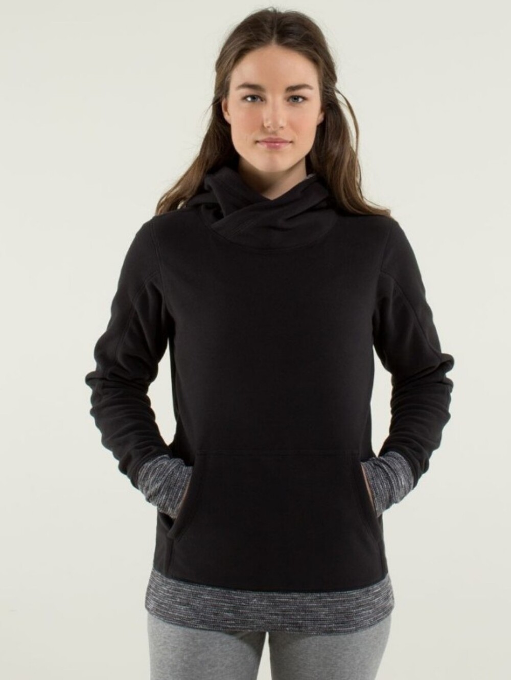 Lululemon Runaway Fleece Hoodie Black Heathered Grey Pocket Thumb Holes Medium